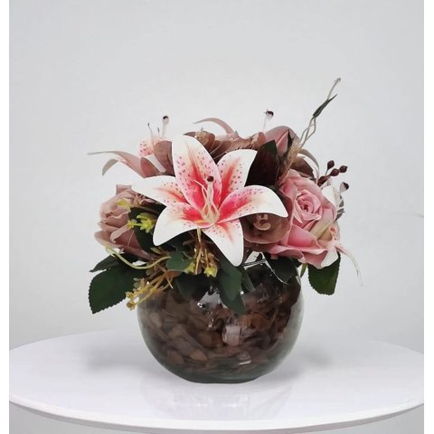 Arranjo com Flores Artificiais Lírios Vaso Terrário de Vidro