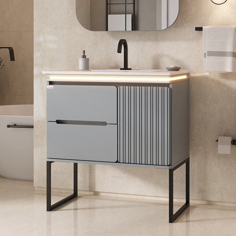 Gabinete para Banheiro Lavínia 80 Avelã com Pés Preto Fosco LED Fabribam