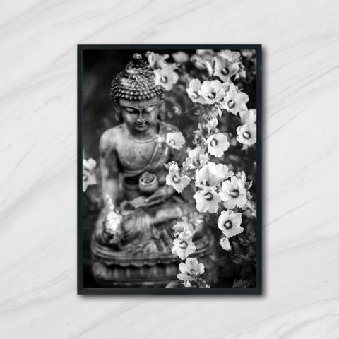 Quadro Fotografia Buda 45x34cm - com vidro:Madeira preta