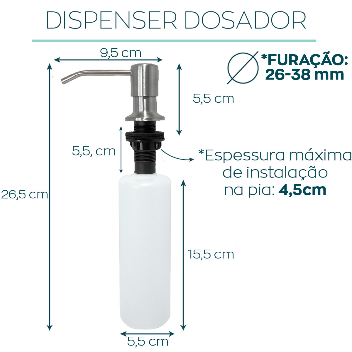Dispenser Dosador Detergente Inox 304 de Embutir 350ml Bancada Cozinha Porta Sabonete Sabao Líquido - 4