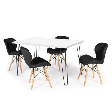 Conjunto Mesa de Jantar Hairpin 130x80 Branca com 4 Cadeiras Eiffel Slim - Preto
