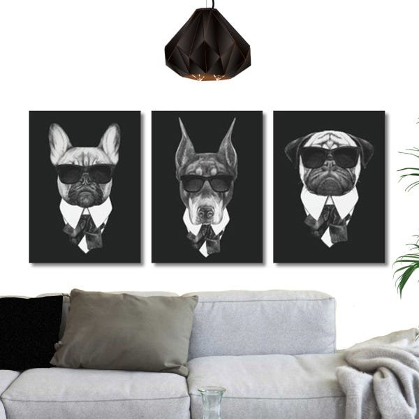 Quadros Cães da Mafia Pets de Preto com oculos Conj. 3 peças - 1