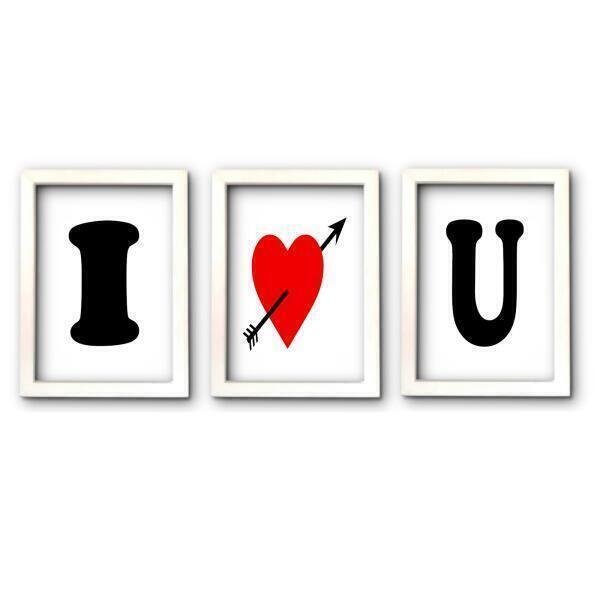 Kit Quadros Decorativos 3 Painéis I Love You 45 x 33 m Moldura Branca - 1
