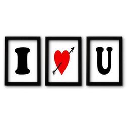 Conjunto de 3 Telas Quadros Painéis Eu te Amo Moldura Preta - 1