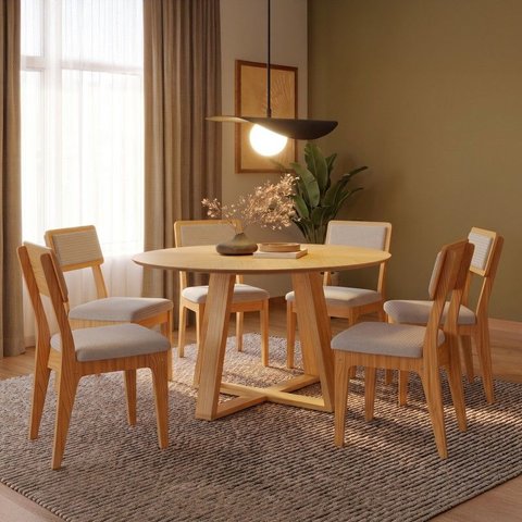 Conjunto Sala de Jantar Mesa Redonda Giratória 130cm com 6 Cadeiras MDF Estofada Carvalho Rosé/Bege 