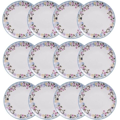 Jogo 12 Pratos Rasos Aura 25cm Porcelana Decorada Tramontina Cozinha Mesa Posta Buffet