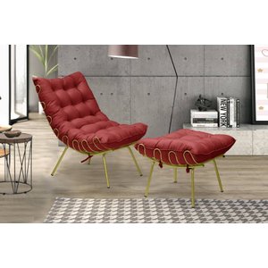 Poltrona Costela Luxo com Puff Adão Dourado -Veludo Vermelho