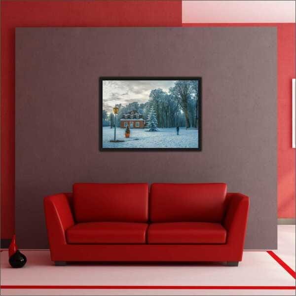 Quadro Decorativo Árvore Inverno Casa Neve Natureza Paisagens Salas Interiores Com Moldura - 3