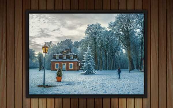 Quadro Decorativo Árvore Inverno Casa Neve Natureza Paisagens Salas Interiores Com Moldura - 1