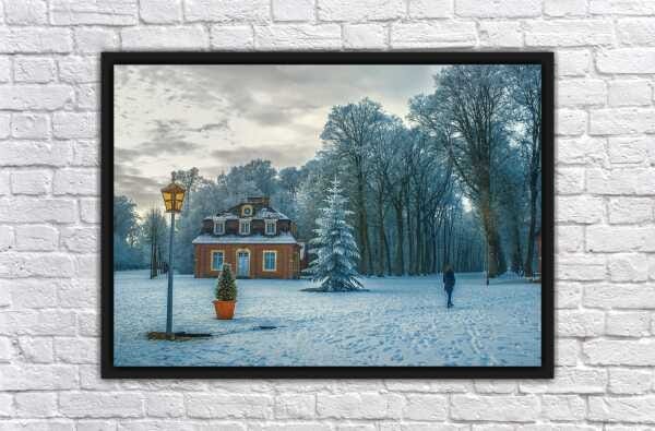 Quadro Decorativo Árvore Inverno Casa Neve Natureza Paisagens Salas Interiores Com Moldura - 4