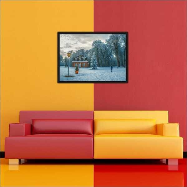 Quadro Decorativo Árvore Inverno Casa Neve Natureza Paisagens Salas Interiores Com Moldura - 5