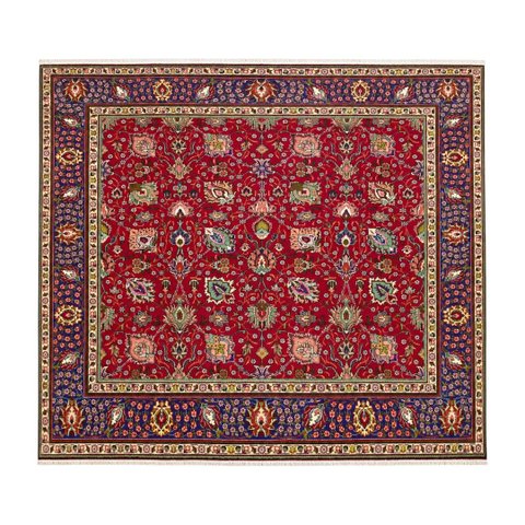 Tapete Persa Tabriz Feito À Mão Vermelho e Azul 305x305cm