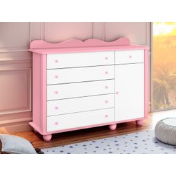 Cômoda Menina Linda 6 Gavetas para Quarto Infantil - Branco/Rosa- Potente Móveis & Planet Baby - 1 Cômoda Menina Linda 6 Gavetas para Quarto Infantil - Branco/Rosa- Potente Móveis & Planet Baby - 1