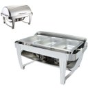 Ver imagem 1 de Rechaud Inox 9 Litros Top Luxo Tampa Giratória Panelas Banho Maria 3 Cubas Buffet 1/3 RB2301-03
