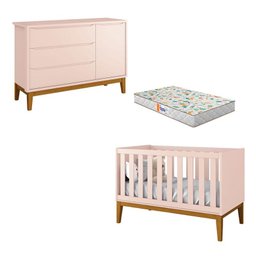 Berço Americano e Cômoda New Classic Rosa com Pés Madeira e Colchão Gazin – Reller - 1