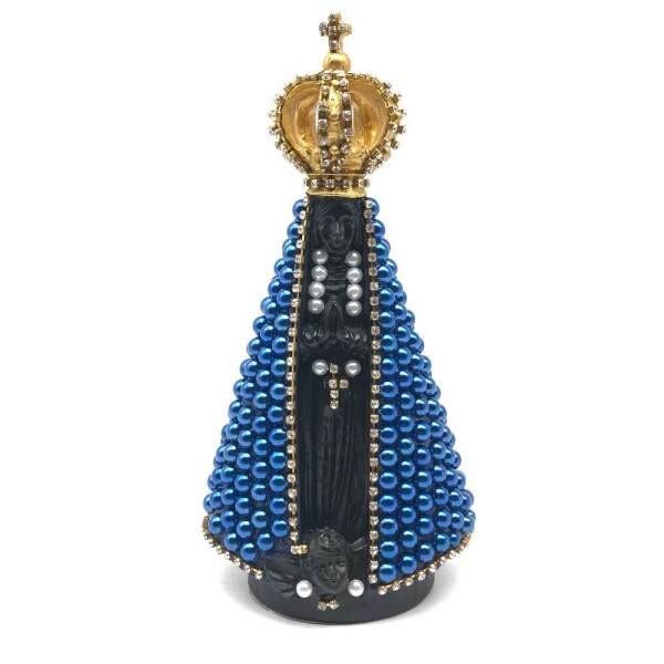 Imagem de Nossa Senhora Aparecida com Perolas Azul Negra Resina 22 cm