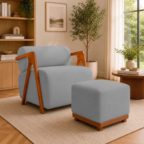 Kit Poltrona Decorativa Chloe com Puff Dalilla para Sala Moderna Confortável Bouclé Cinza Premium