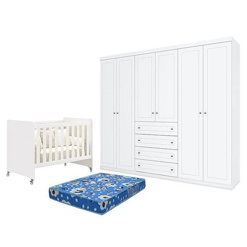 Berço Americano Evolution 4 em 1 Branco Acetinado e Guarda Roupa Casal Americano 6 Portas Branco HP 