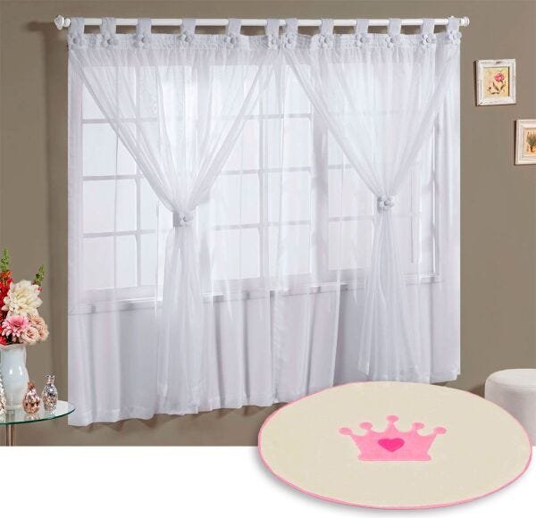 Cortina Infantil Branca com Tapete Coroa Rosa - 1