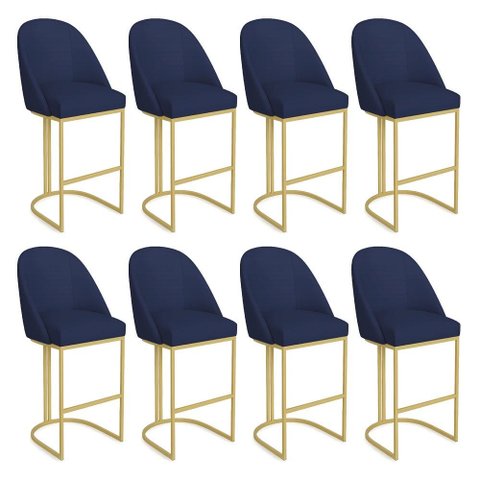 Kit 08 Banquetas Altas Bela Suede Azul Marinho Base Metálica Industrial Dourado - Pallazio