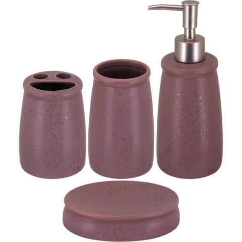 Kit 4 Peças Banheiro Lavabo Porta Sabonete Liquido Cerâmica Rosa