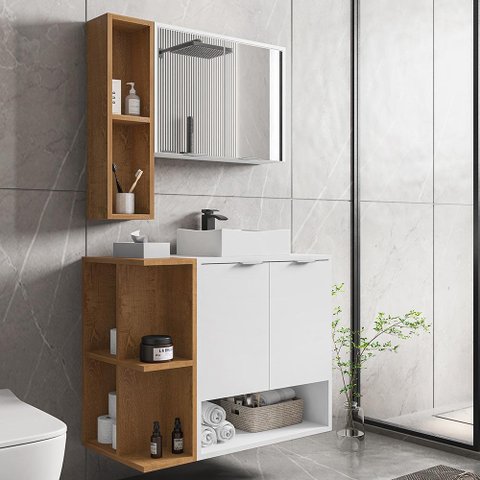 Conjunto de Banheiro com Gabinete 2 Portas, Cuba e 1 Espelheira Ibiza