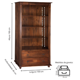 Estante para Livros de Madeira com 2 Gavetas e Pés Torneados - Castanho Envelhecido - 4