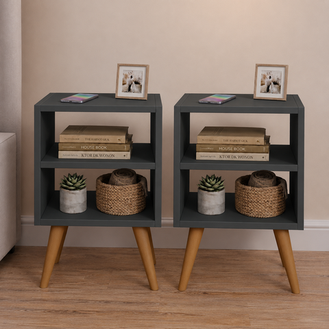 Kit Mesa de Cabeceira com 2 Nichos e Pés Palito Estilo Escandinavo para Quarto Moderno