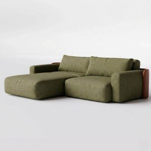 Sofá Cama Ibiza sem Caixa com Super Chaise 2,24m em Linho Verde e Corino Marrom - Home Mobily