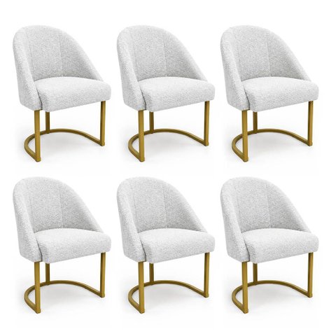 Kit 06 Cadeiras Poltrona de Jantar Lua Boucle Off White Base Ferro Dourado Dal Poz Estofados