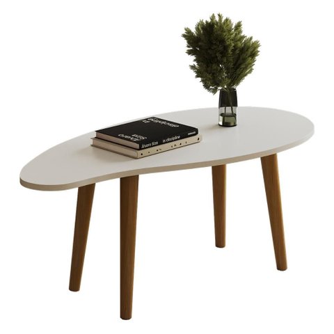 Mesa de Centro Orgânica Oval G7005 Pés de Madeira Maciça Branco