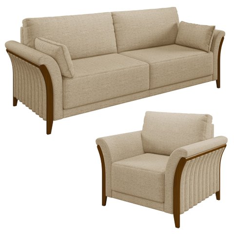 Kit Sofá Living 3 Lugares e Poltrona 102cm Pés Madeira Roya M22 Linho Bege - Mpozenato