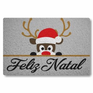 Tapete Capacho Feliz Natal Rena 60x40cm Cinza