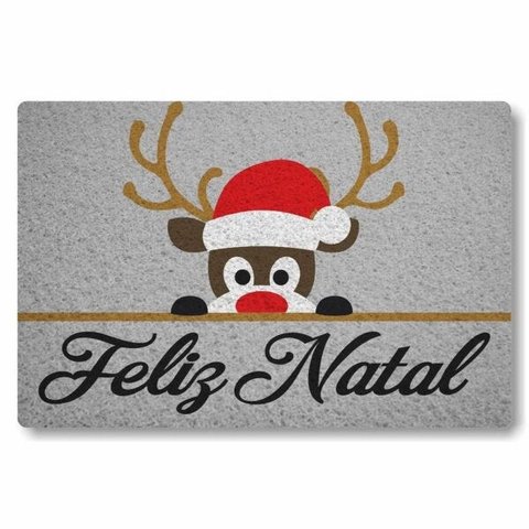 Tapete Capacho Feliz Natal Rena 60x40cm Cinza