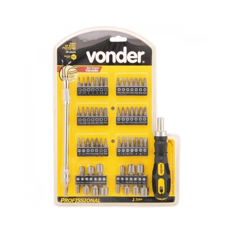 Jogo de bits/ponteiras com 58 peças encaixe sextavado 1/4" Vonder PLUS