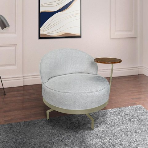Poltrona Sala de Estar Pés em Ferro Champagne Giratória Braço Madeira Maciça 86cm Banff Bouclê