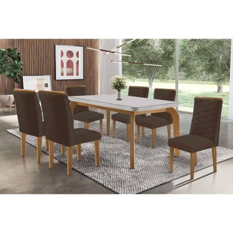 Conjunto: Mesa Sala Jantar Londrina Tampo c/ Vidro Curvo 180cm+6 Cadeiras Maldivas Madeira Naturale/