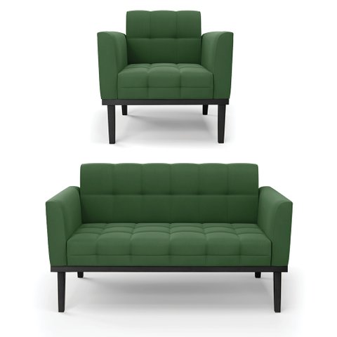 Conjunto Poltrona e Namoradeira Decorativa Karen Pés Fixo em Madeira Preto Suede Verde G19 - Gran Be