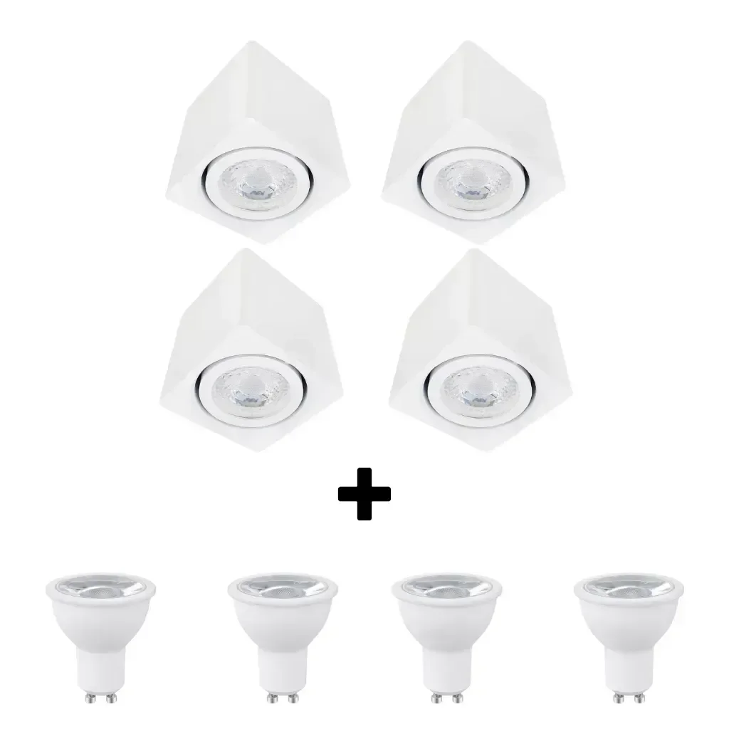 Ver imagem 1 de Kit 4 Spot Sobrepor Teto Beiral para Lampada Dicroica Branco Direcionável + 4 Lâmpadas Led 4000k
