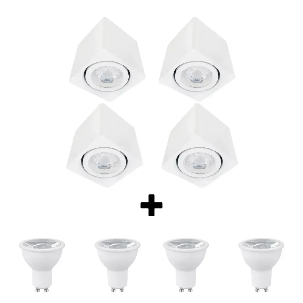 Kit 4 Spot Sobrepor Teto Beiral para Lampada Dicroica Branco Direcionável + 4 Lâmpadas Led 4000k