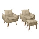 Ver imagem 1 de Kit 02 Poltrona/cadeira Decorativa e Puff Glamour Opala com Pés Quadrado Bege Linho