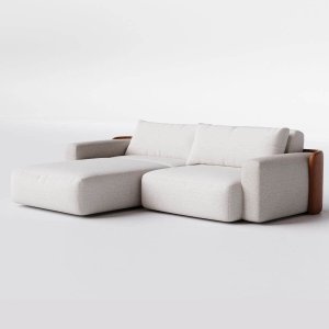 Sofá Ibiza sem Caixa com Super Chaise 2,04m em Linho Off White Areia e Corino Marrom - Home Mobily