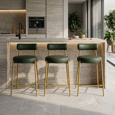 Banqueta Cozinha Média com Encosto Industrial Dourado Kit 3 Londres PU Verde D03 - D'Rossi