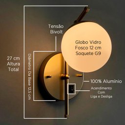 Arandela Luminária de Parede Inclinada com Interruptor Dourado com Globo Vidro Fosco 12cm - 3