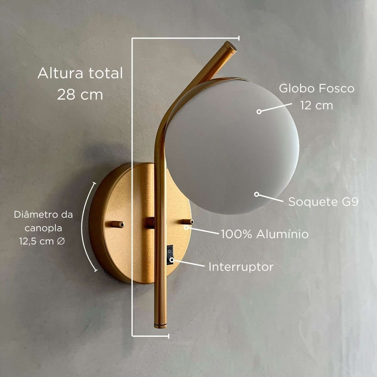 Arandela Parede Inclinada em Aluminio com Acendimento na Base Liga e Desliga com Globo Vidro Fosco - 3
