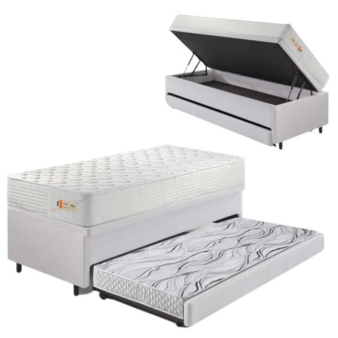 Bicama Box Baú Courino Linho 88x188 com Colchão Ecoline D33 Ecoflex