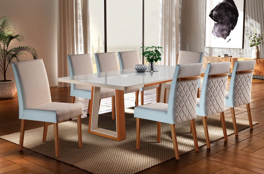 Sala de Jantar Moderna Madeira Maciça 8 cadeiras 2,20x1,10m - Reali - Requinte Salas