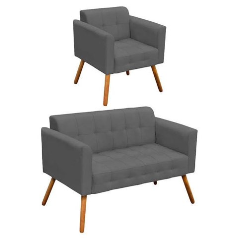 Conjunto Sofá Retrô 2 Lugares e 1 Poltrona Elisa Suede Grafite - D'Rossi