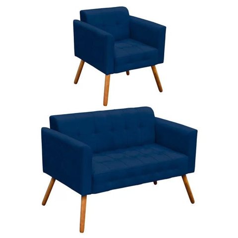 Conjunto Sofá Retrô 2 Lugares e 1 Poltrona Elisa Suede Azul Marinho - D'Rossi