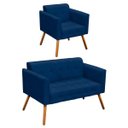 Ver imagem 1 de Conjunto Sofá Retrô 2 Lugares e 1 Poltrona Elisa Suede Azul Marinho - D'Rossi